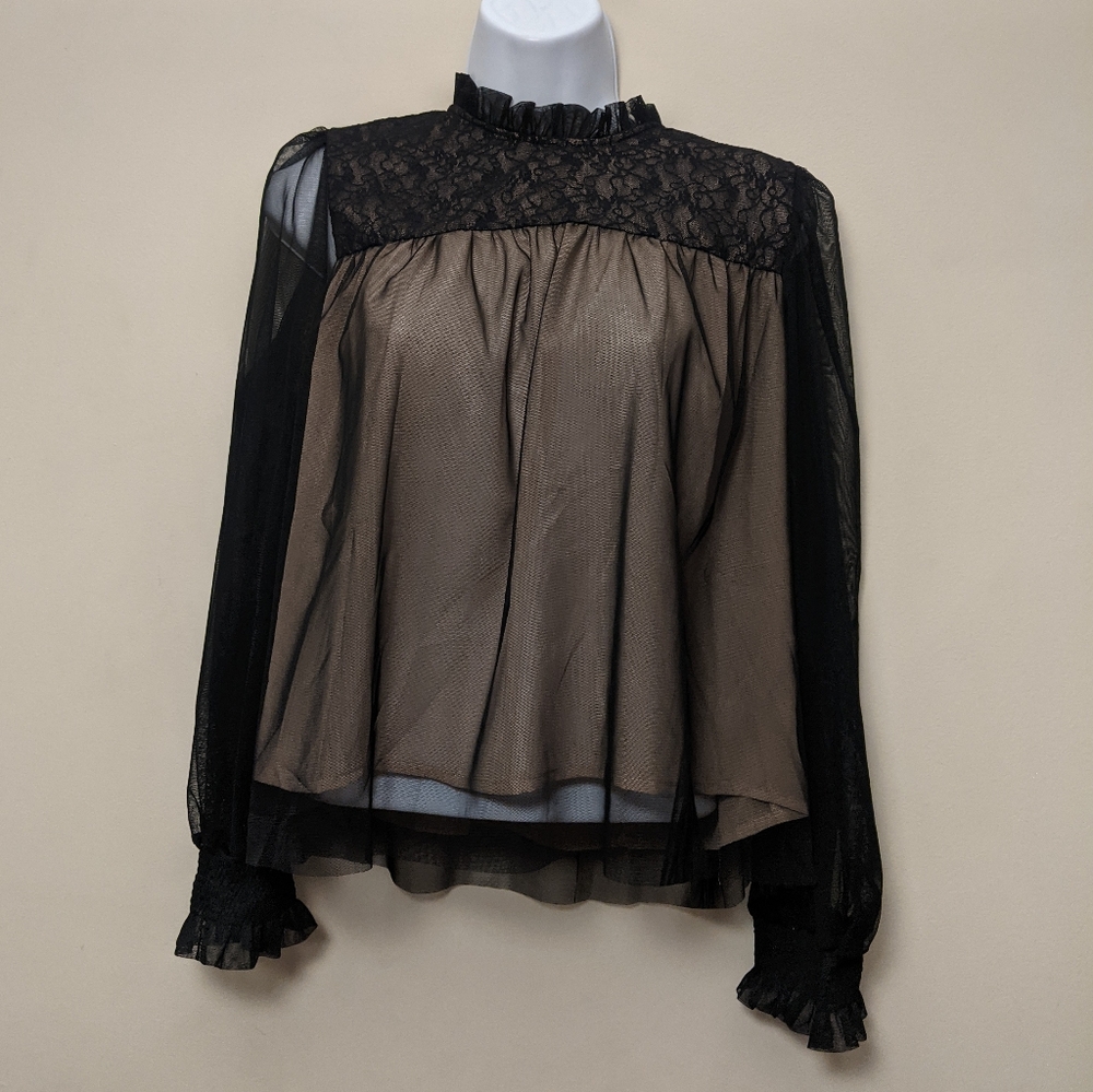 Oliver.O Black Mesh Overlay Long Sleeve Top L